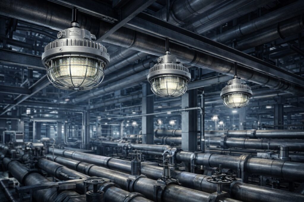 Luminarias antideflagrantes instaladas en planta industrial con riesgo ATEX