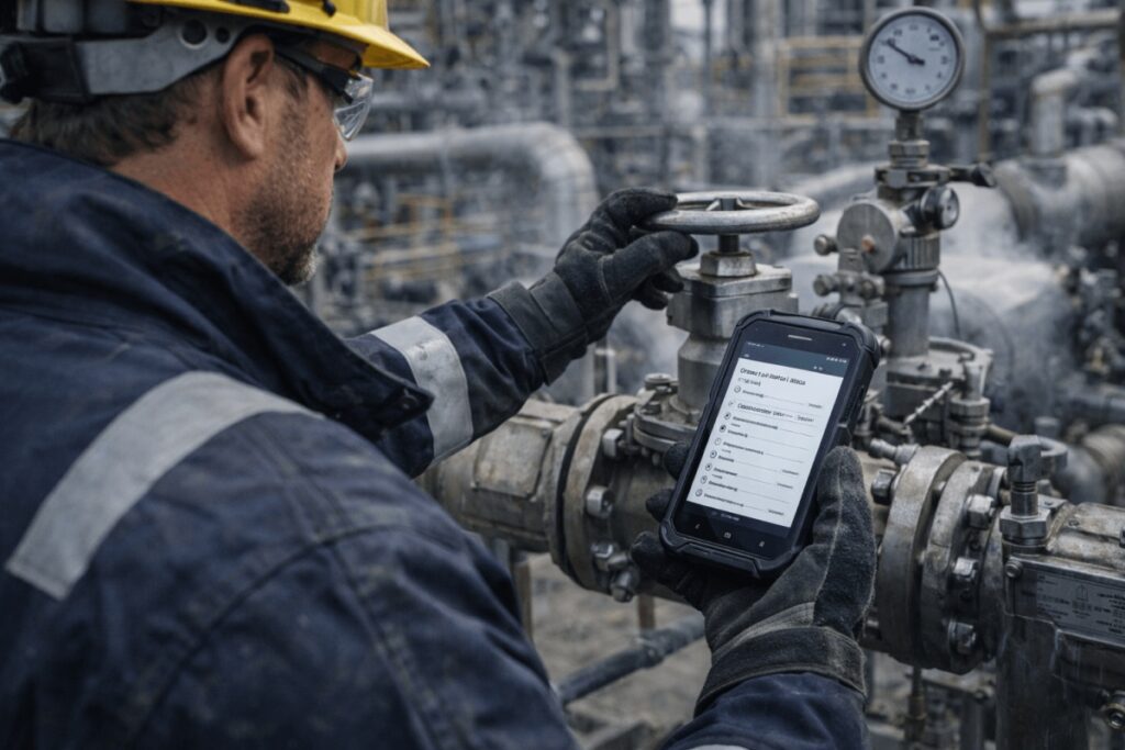Smartphone ATEX con documentación digital para mantenimiento industrial