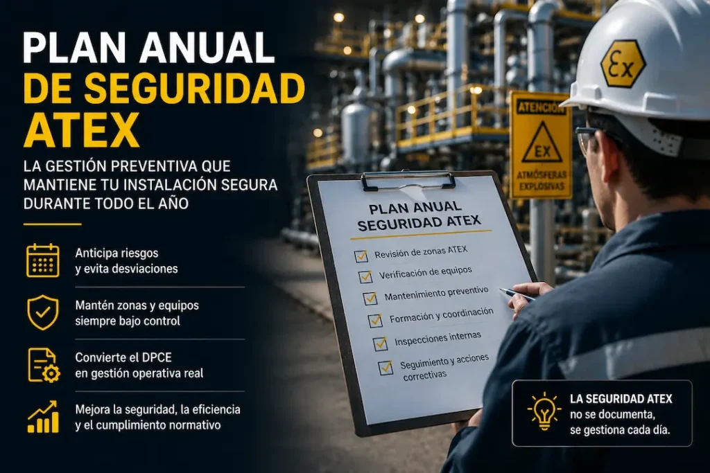 tecnico revisando plan anual de seguridad ATEX en instalacion industrial