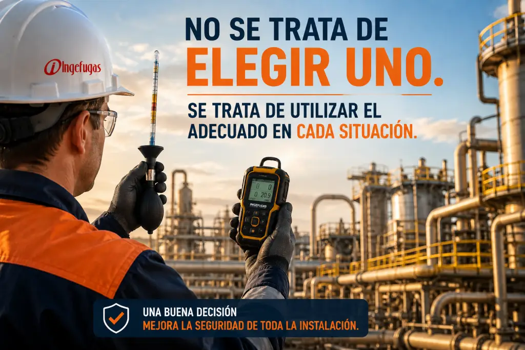 Técnico industrial comparando un tubo detector de gas y un detector electrónico en una planta industrial para elegir el sistema de detección más adecuado
