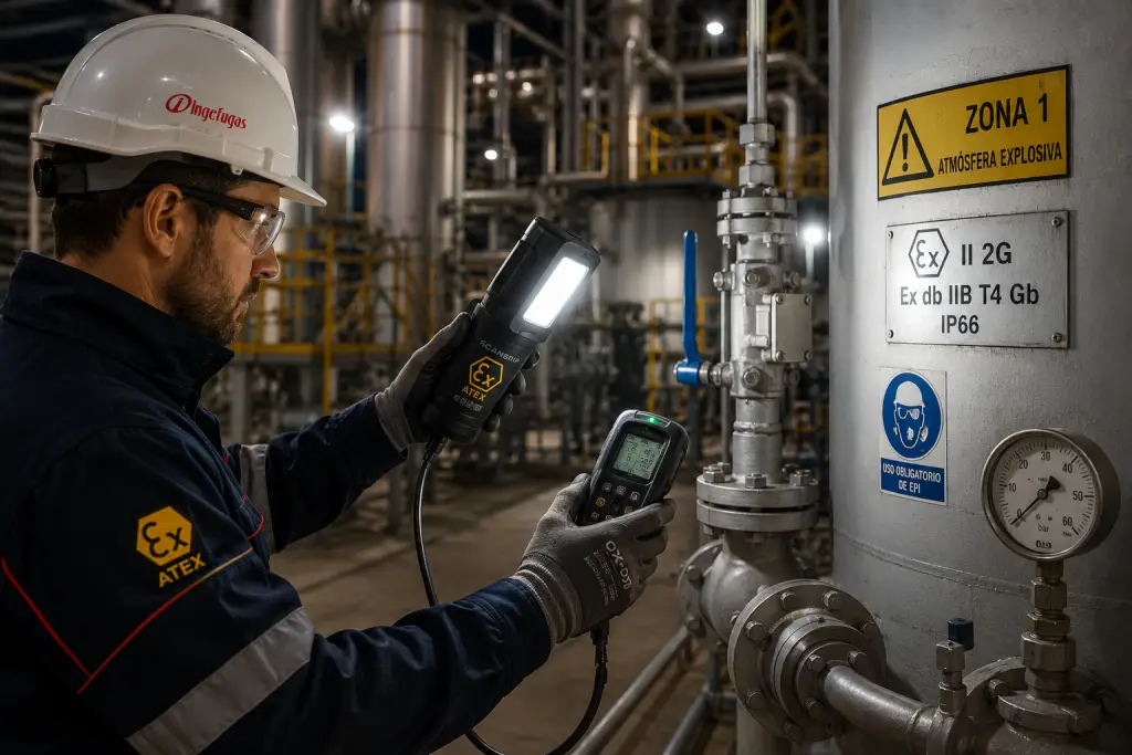 Un técnico industrial equipado con EPIs inspeccionando una instalación ATEX
