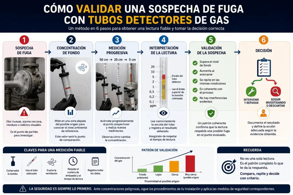 Infografía del proceso para validar una sospecha de fuga con tubos detectores de gas mediante medición de fondo, muestreo progresivo y confirmación de la lectura.