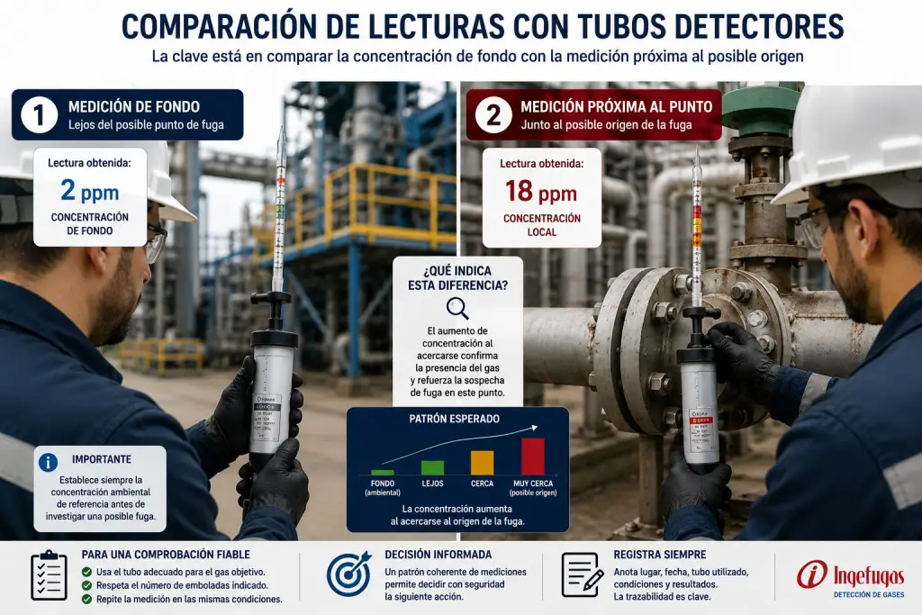 Técnico comparando la concentración de fondo con una medición realizada junto a una brida para validar una sospecha de fuga utilizando tubos detectores de gas.