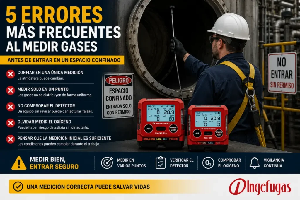 T&eacute;cnico realizando una medici&oacute;n de gases en un espacio confinado con detectores port&aacute;tiles de Ingefugas antes de autorizar la entrada