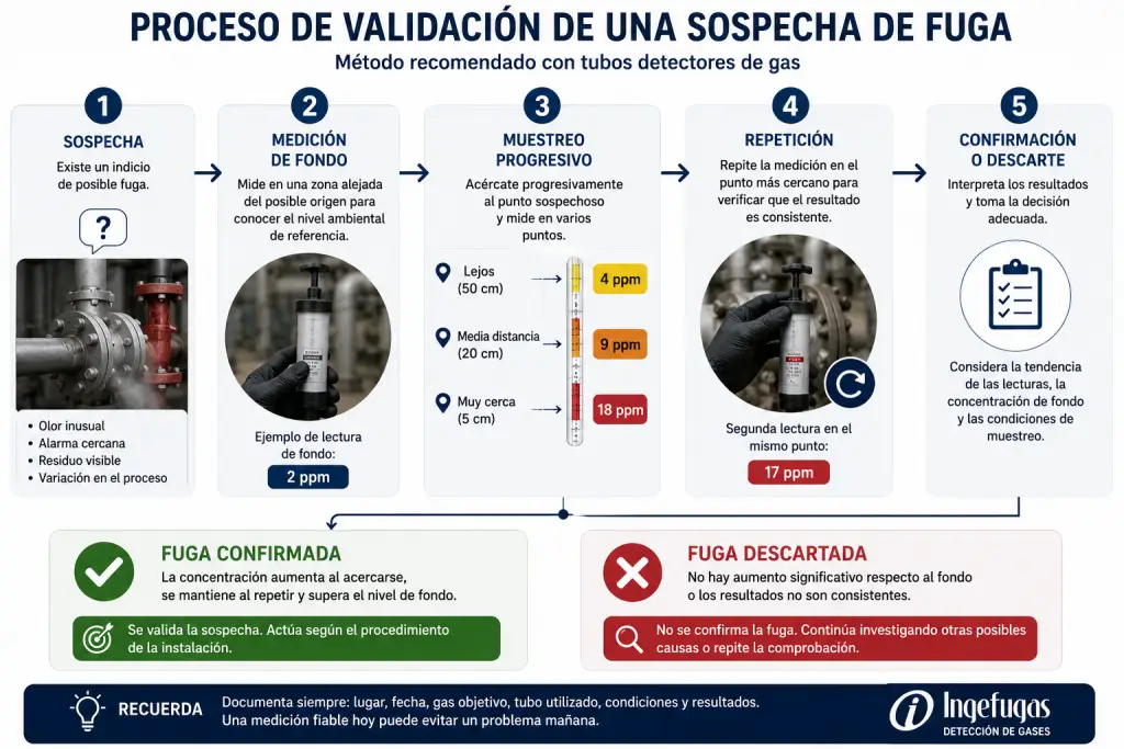 Diagrama del proceso para validar una sospecha de fuga mediante tubos detectores de gas: sospecha, medición de fondo, muestreo progresivo, repetición y confirmación o descarte.