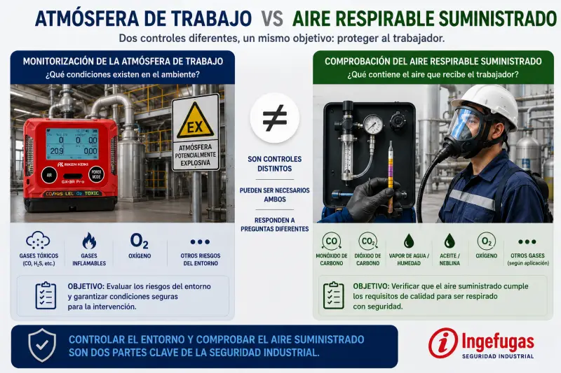 Diferencia entre monitorizar la atmósfera de trabajo y comprobar el aire respirable suministrado al trabajador