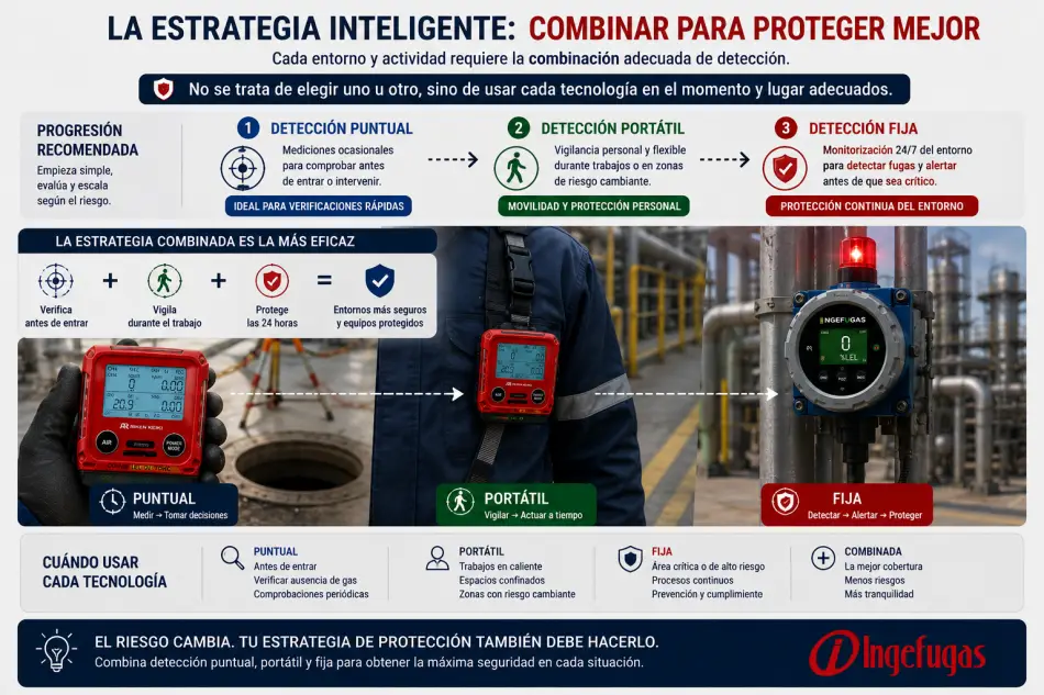 Estrategia combinada de detecci&oacute;n de gases con medici&oacute;n puntual, detector port&aacute;til y monitorizaci&oacute;n
