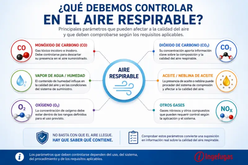 Parámetros de control del aire respirable como CO, CO2, humedad, aceite y oxígeno