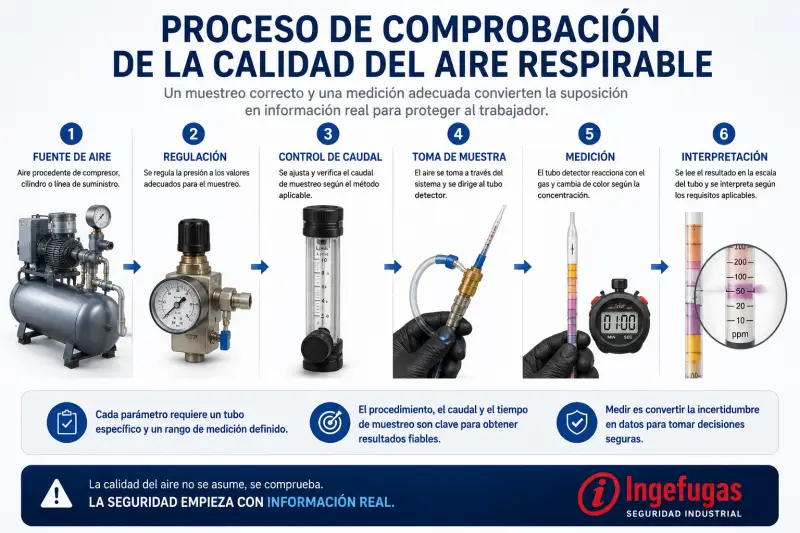 Proceso de comprobación del aire respirable mediante regulación, muestreo y medición con tubos detectores