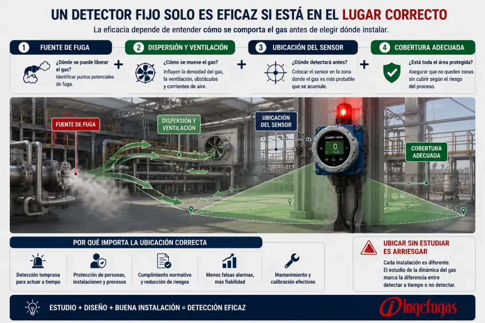 Ubicaci&oacute;n de un detector fijo de gases seg&uacute;n la fuente de fuga, la dispersi&oacute;n, la ventilaci&oacute;n y la cobertura del &aacute;rea 