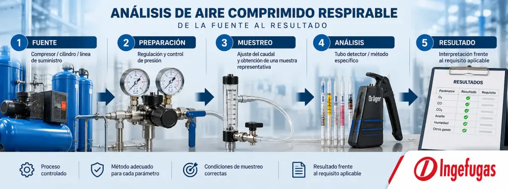Proceso de análisis del aire comprimido respirable desde la fuente y el muestreo hasta la medición e interpretación