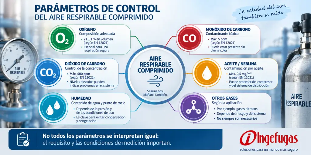 Parámetros de control del aire respirable comprimido como oxígeno, CO, CO2, aceite, humedad y otros gases