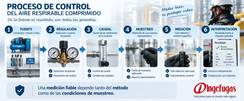 Proceso de control del aire respirable comprimido desde la fuente hasta la medición e interpretación de resultados