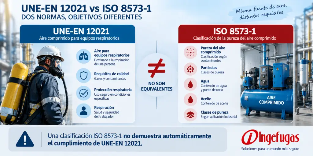 Diferencia entre UNE-EN 12021 para aire respirable e ISO 8573-1 para clasificación de pureza del aire comprimido