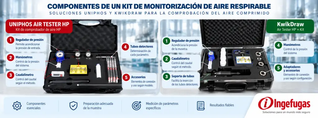 Componentes de un kit de monitorizaci&oacute;n de aire respirable comprimido con regulador, man&oacute;metro y tubos detectores
