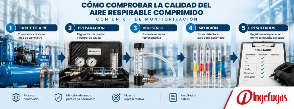 Cómo comprobar la calidad del aire respirable comprimido con un kit de monitorización