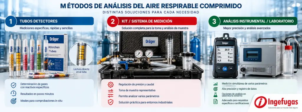 Métodos para analizar aire comprimido respirable mediante tubos detectores, sistemas de medición y análisis instrumental