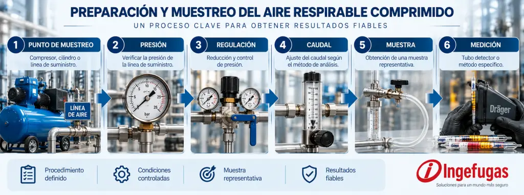 Proceso de preparación y muestreo para realizar un análisis fiable del aire respirable comprimido