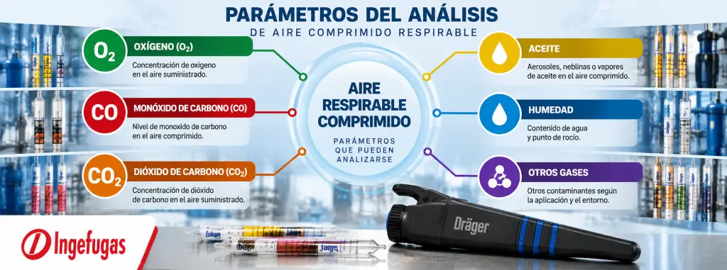 Parámetros que pueden analizarse en el aire comprimido respirable como oxígeno, CO, CO2, aceite y humedad