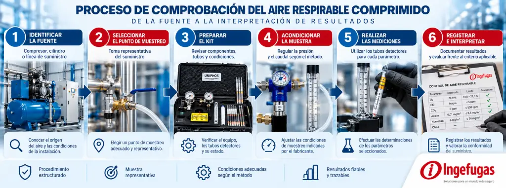 Etapas de comprobaci&oacute;n del aire respirable comprimido desde el muestreo hasta el registro de resultados